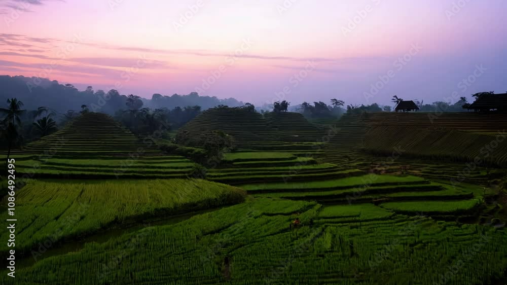 Camera pan across a terraced rice paddy field at twilight, reflecting the vibrant colors of the setting sun. Camera pan across a terraced rice paddy field at twilight, reflecting the vibrant colors of the setting sun.