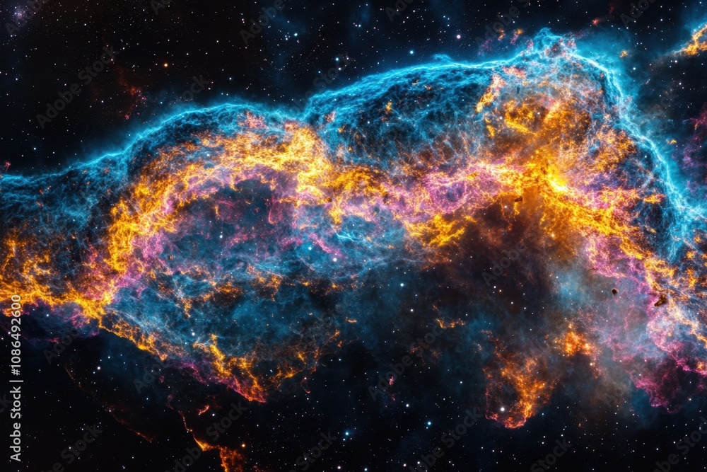 A vibrant nebula with glowing gas and dust clouds in a dark space. A vibrant nebula with glowing gas and dust clouds in a dark space.