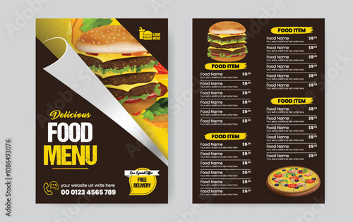 Double sided a4 size Food menu template, Fast food menu board, Burger menu, Restaurant price card, editable Double sided Restaurant menu template design
