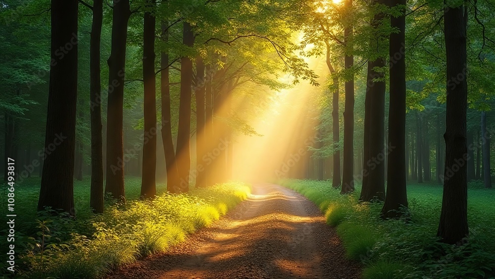 Obraz premium Forest scene dawn_dusk dirt path trees light