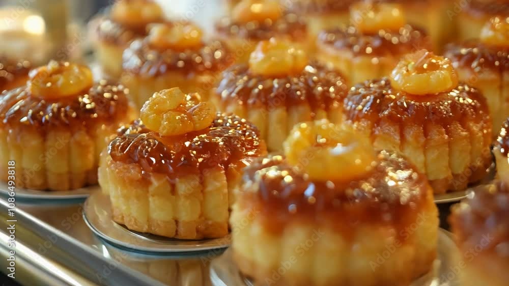 A vibrant bakery showcases an array of tempting mini orange cakes topped with glossy glaze and candied fruit. The delightful treats invite visitors to indulge in their sweet flavors. A vibrant bakery showcases an array of tempting mini orange cakes topped with glossy glaze and candied fruit. The delightful treats invite visitors to indulge in their sweet flavors.