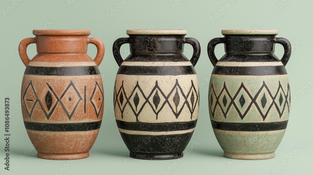 Ancient Egyptian Style Pottery Decorative Vases 3D Render Home Decor Geometric Pattern Ancient Egyptian Style Pottery Decorative Vases 3D Render Home Decor Geometric Pattern