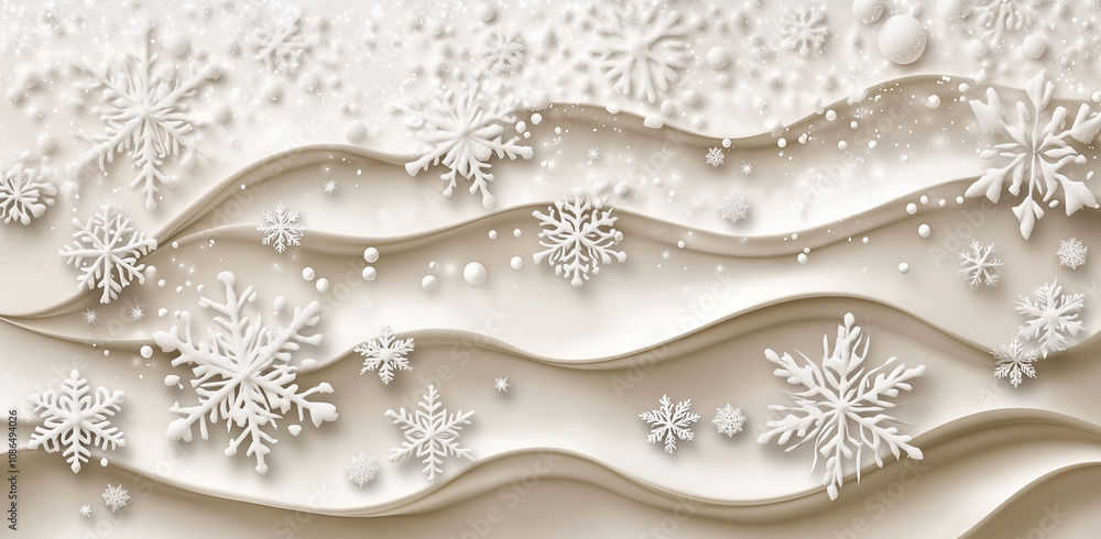 A background with snowflakes and bokeh lights, a beige background, white snow waves, and a white glittery snow pattern A background with snowflakes and bokeh lights, a beige background, white snow waves, and a white glittery snow pattern