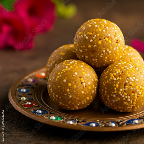Close-up of sesame ladoos, ...