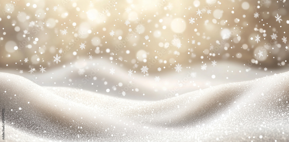 A background with snowflakes and bokeh lights, a beige background, white snow waves, and a white glittery snow pattern A background with snowflakes and bokeh lights, a beige background, white snow waves, and a white glittery snow pattern