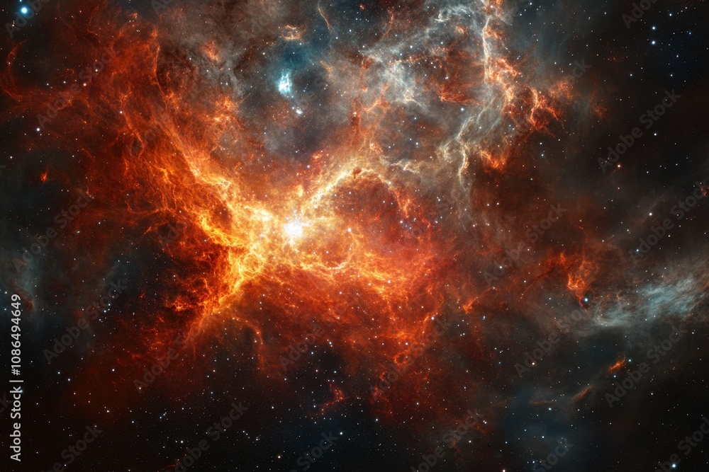 A vibrant nebula with swirling gas and dust, illuminated by a bright star. A vibrant nebula with swirling gas and dust, illuminated by a bright star.