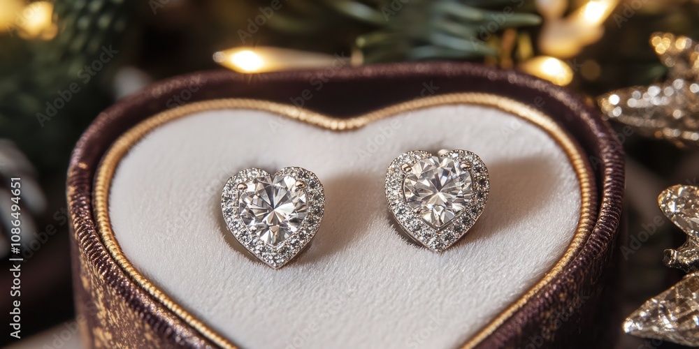 Close up of a pair of heart-shaped diamond earrings in a velvet box. Close up of a pair of heart-shaped diamond earrings in a velvet box.