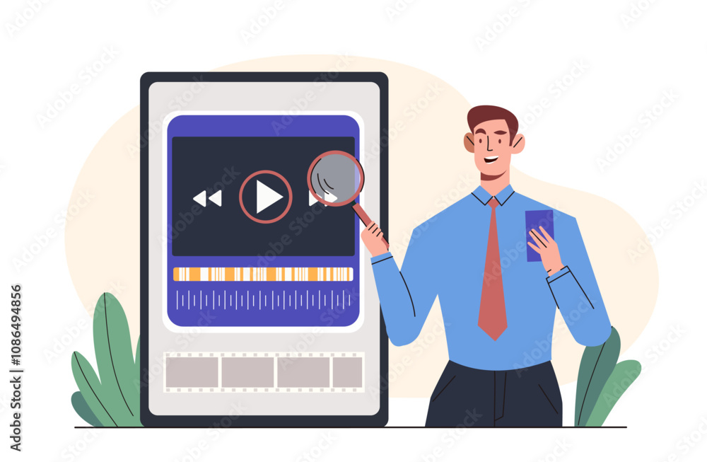 Video essayist explores. Man rates videos for social networks and video hosting sites. Screenwriter with broacast. Blogger and influencer. Flat vector illustration isolated on white background Video essayist explores. Man rates videos for social networks and video hosting sites. Screenwriter with broacast. Blogger and influencer. Flat vector illustration isolated on white background