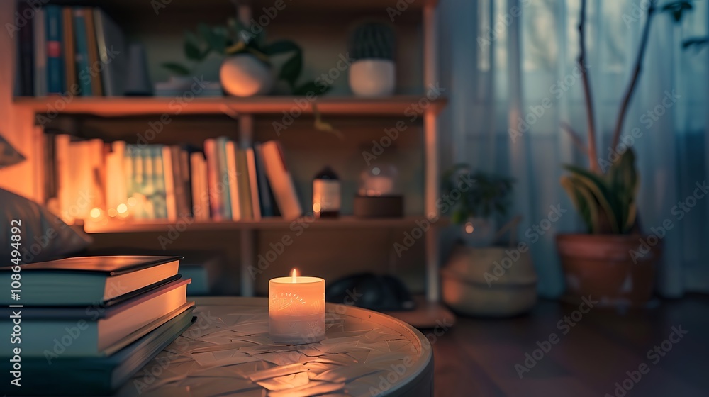 A calm, indoor space with diffused light, showcasing a collection of wellness books and a candle. A calm, indoor space with diffused light, showcasing a collection of wellness books and a candle.