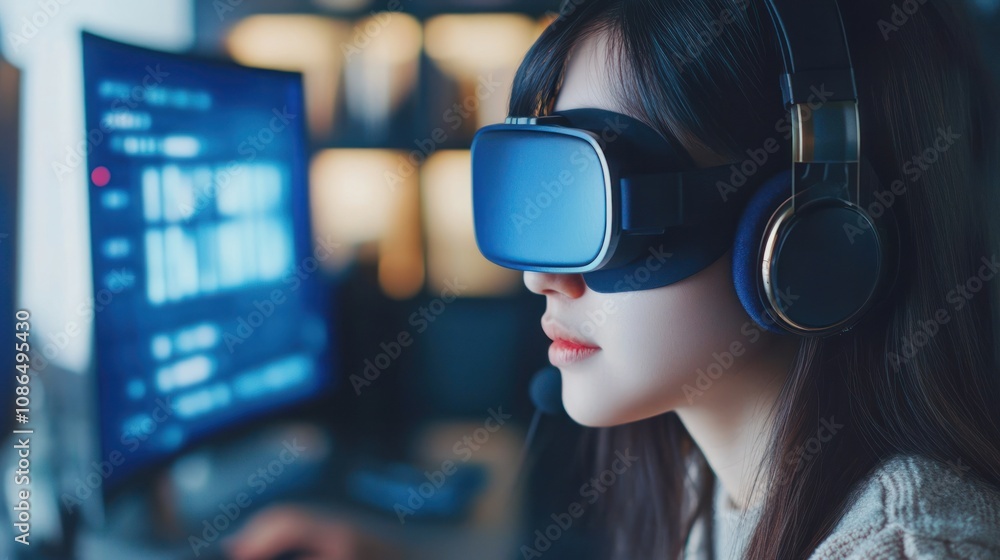 A young woman wearing VR headset and headphones while gaming.