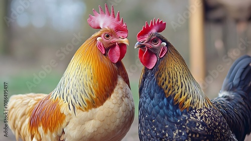 Two Roosters Facing Off in a Country Setting AI Generated photo