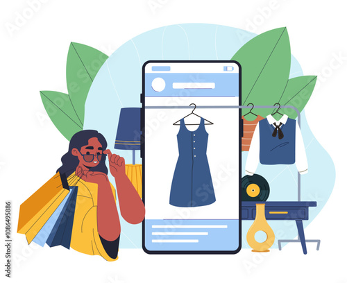 Woman buy vintage items online. Young girl looking at smartphone screen chooses retro clothes. Online shopping and home delivery. Electronic commerce and retail. Flat vector illustration