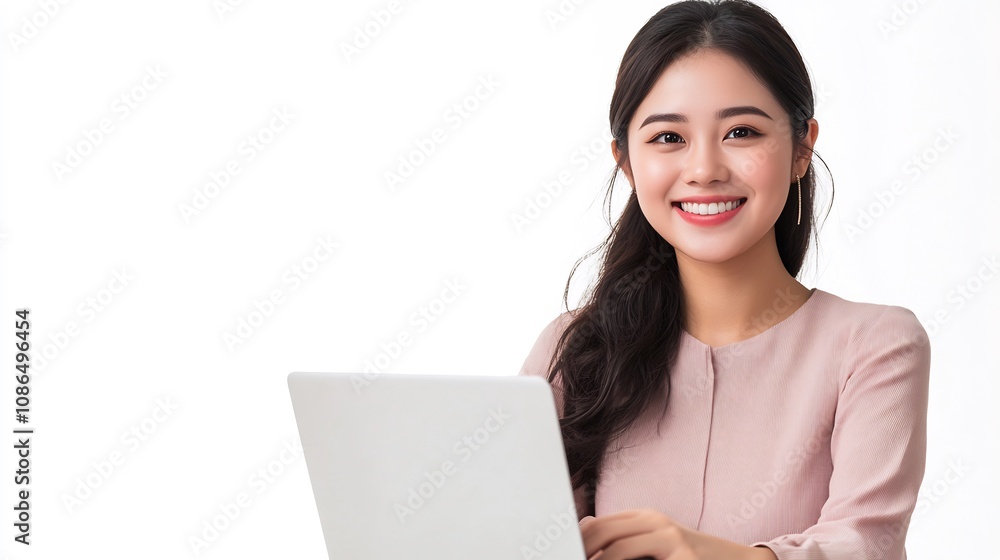 Smiling Woman Working on Laptop Smiling Woman Working on Laptop