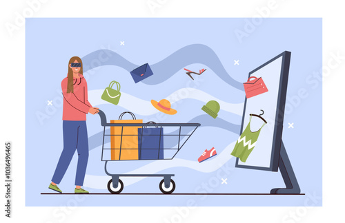 Woman with virtual shopping. Young girl wearing virtual reality glasses with shopping cart. Cashless transfers and transactions. Flat vector illustration isolated on white background