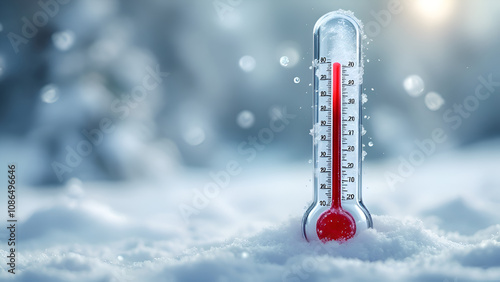 Thermometer in snow freezing cold concept very low temperature, snow landscape background, winter season.