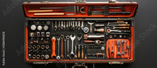 Wallpaper Mural Overhead view of a toolbox opened, filled with hand tools like pliers, hammers, screwdrivers, neatly organized  Torontodigital.ca