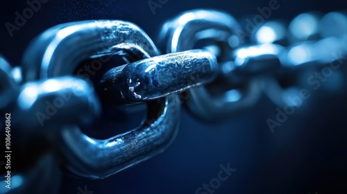 A close-up shot of a metal chain with a focus on a single link.  The chain is made of silver-colored metal and is illuminated by a blue light.
