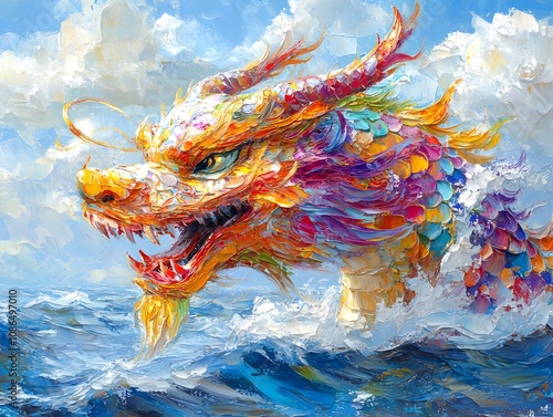 The colorful Chinese dragon painting on the turbulent sea gives a sense of power and legend. It can be used in Chinese cultural artwork or advertisements or historical tourism promotion. photo