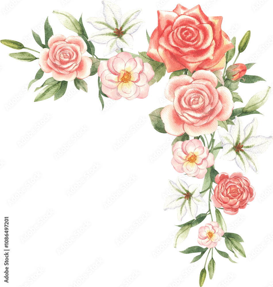 Hand-drawn red rose white lily and pink peonies watercolor Hand-drawn red rose white lily and pink peonies watercolor