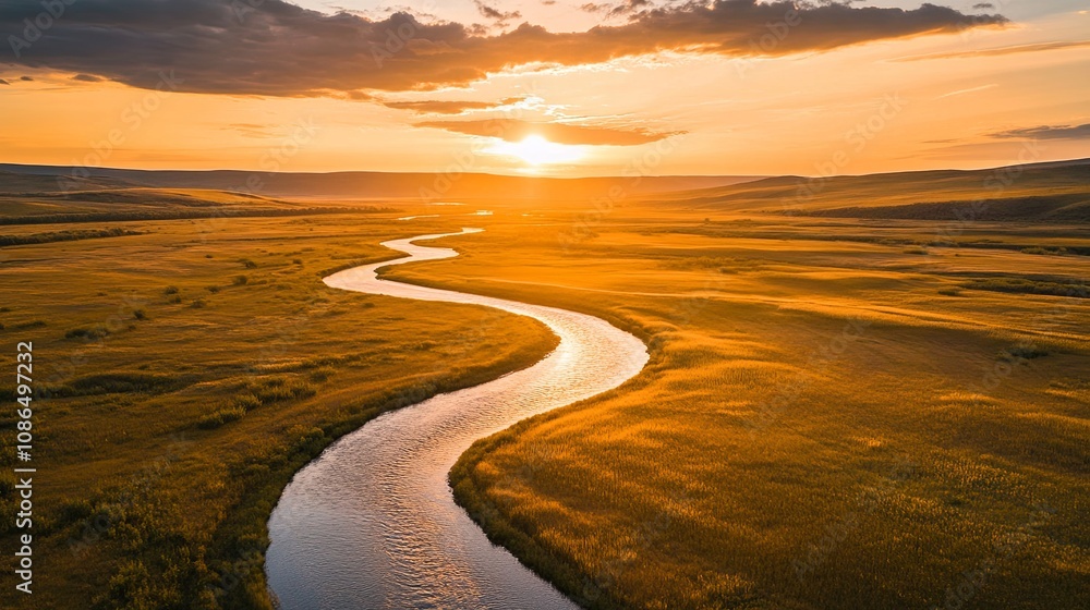 winding river flows through golden wheat field at sunset winding river flows through golden wheat field at sunset