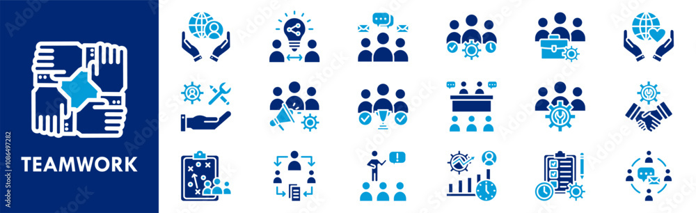 Teamwork icon collection set. Containing design teamwork, team, business, support, partnership, meeting, collaboration Teamwork icon collection set. Containing design teamwork, team, business, support, partnership, meeting, collaboration
