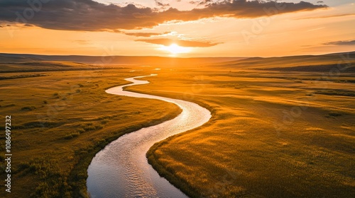 Wallpaper Mural winding river flows through golden wheat field at sunset Torontodigital.ca