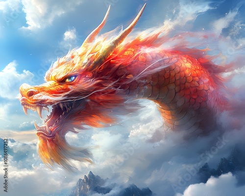 The colorful Chinese dragon painting on the turbulent sea gives a sense of power and legend. It can be used in Chinese cultural artwork or advertisements or historical tourism promotion. photo