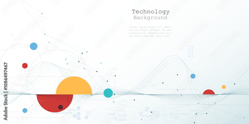 Naklejka premium Vector illustration abstract modern technology design. White circle, geometric shape, wave wireframe line pattern and circuit board on white - grey background. Technology concept for banner, template