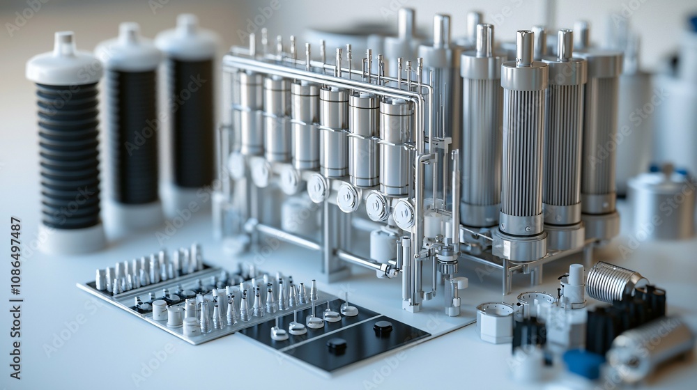 An isolated white background highlights an advanced selection of filtration systems featuring notched cylinders, membranes, and activated charcoal. An isolated white background highlights an advanced selection of filtration systems featuring notched cylinders, membranes, and activated charcoal.