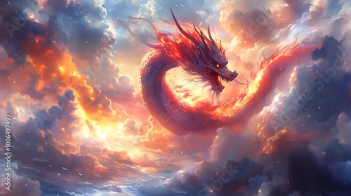 The colorful Chinese dragon painting on the turbulent sea gives a sense of power and legend. It can be used in Chinese cultural artwork or advertisements or historical tourism promotion. photo