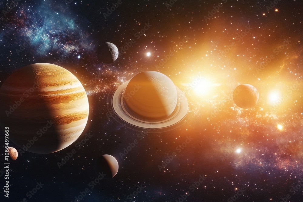 A vibrant view of the solar system with a bright sun in the background. A vibrant view of the solar system with a bright sun in the background.