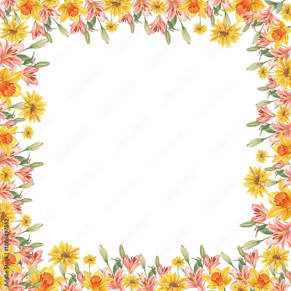 Hand-drawn frame of yellow gerbera daisy with pink lily Hand-drawn frame of yellow gerbera daisy with pink lily