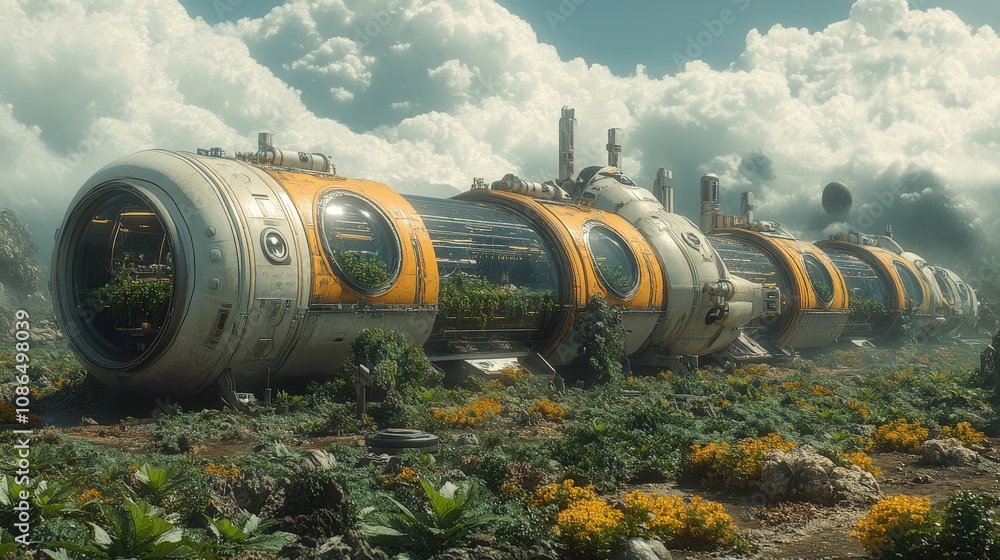 Futuristic agricultural pods surrounded by lush greenery and clouds. Futuristic agricultural pods surrounded by lush greenery and clouds.