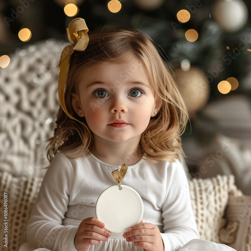 One year old girl holding flat ceramic disc like Christmas ornament with a gold ribbon hanger from a small hole in top center of ornament. photo