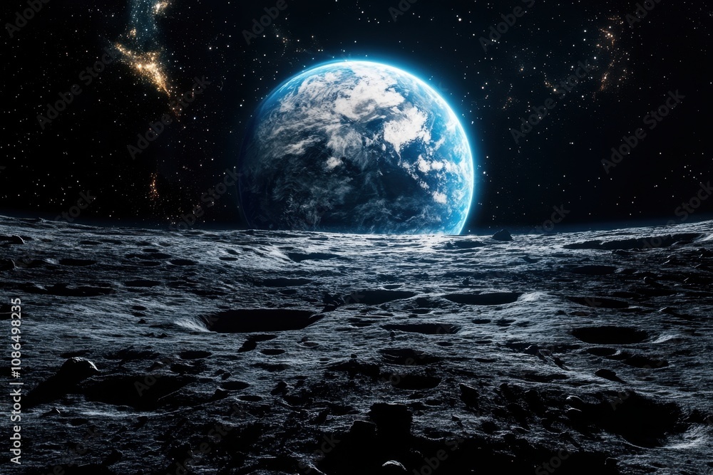 A view of Earth from the moon's surface, with a starry sky in the background. A view of Earth from the moon's surface, with a starry sky in the background.