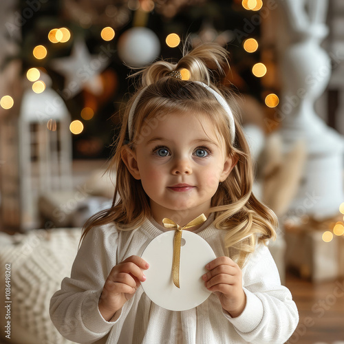 One year old girl holding flat ceramic disc like Christmas ornament with a gold ribbon hanger from a small hole in top center of ornament. photo