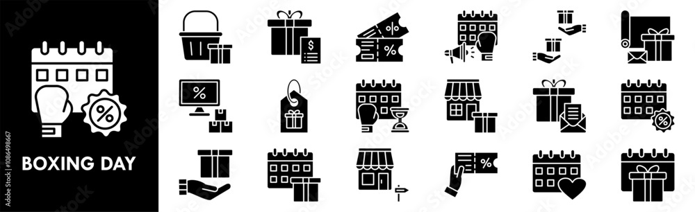 Boxing Day icon collection set. Containing design box, gift, present, background, boxing day, holiday Boxing Day icon collection set. Containing design box, gift, present, background, boxing day, holiday