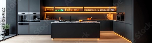 Sleek modern kitchen with elegant dark cabinetry, illuminated countertops, and stylish appliances, perfect for culinary creativity and design inspiration.
