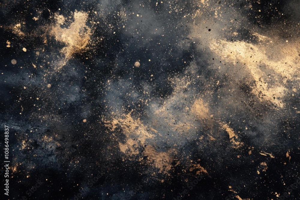 Abstract black background with gold and white splatters. Abstract black background with gold and white splatters.