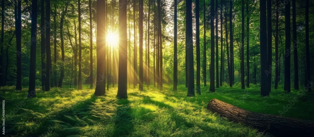 Beautiful landscape forest tall trees sun shining through Beautiful landscape forest tall trees sun shining through