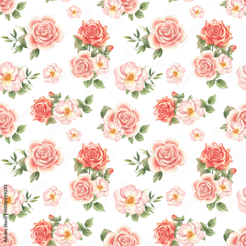 Seamless radiant pink rose blooms soft pattern Seamless radiant pink rose blooms soft pattern