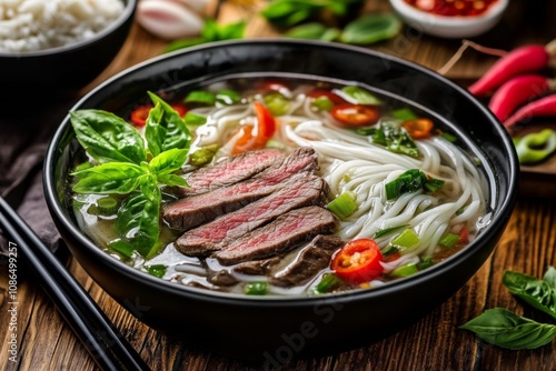 Bowl Vietnamese noodle soup beef vegetables is black pho bo