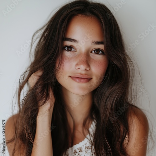 Beautiful woman with long brunette hair and a freckle-dotted complexion gazes softly, accentuating her natural beauty in a close-up shot against a light background