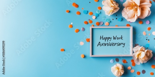 Happy work anniversary sign surrounded by colorful confetti and flowers on a blue background.