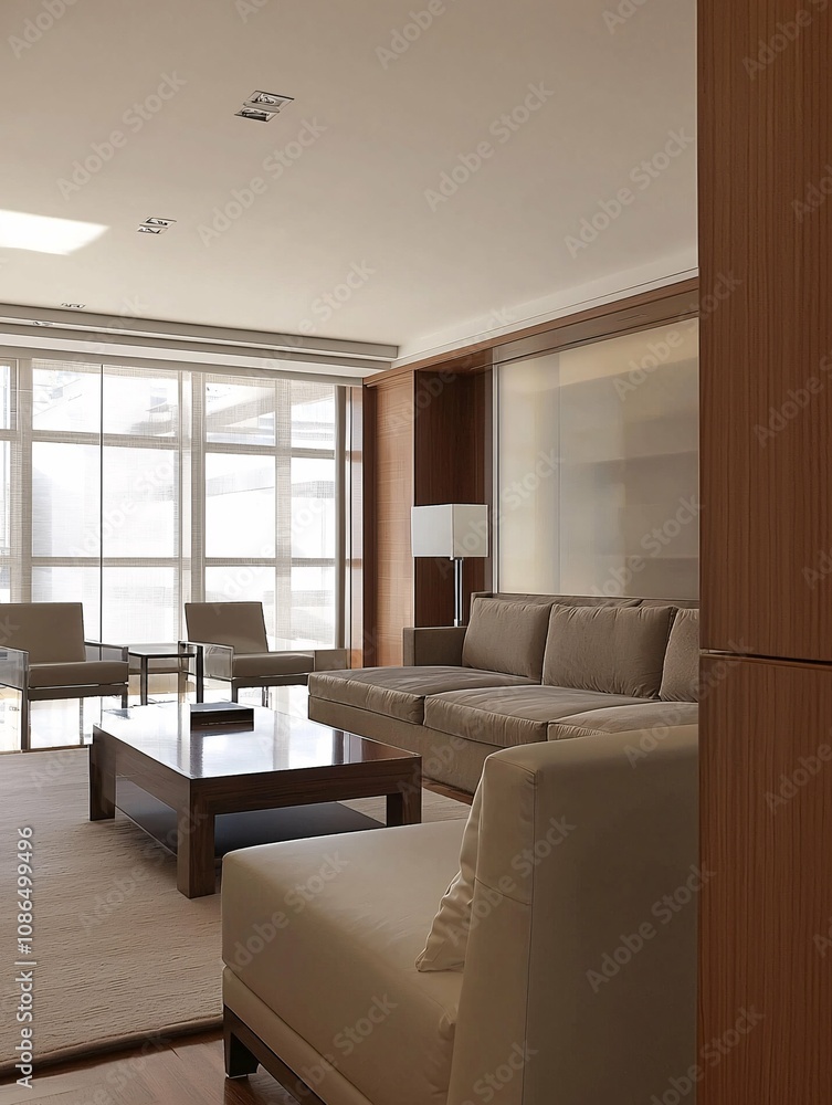 Minimalist living is exemplified by a modern apartment interior featuring essential furnishings, clean lines, and a neutral color palette against a white background.