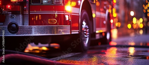 Close-up front red fire truck parked street A detailed view photo