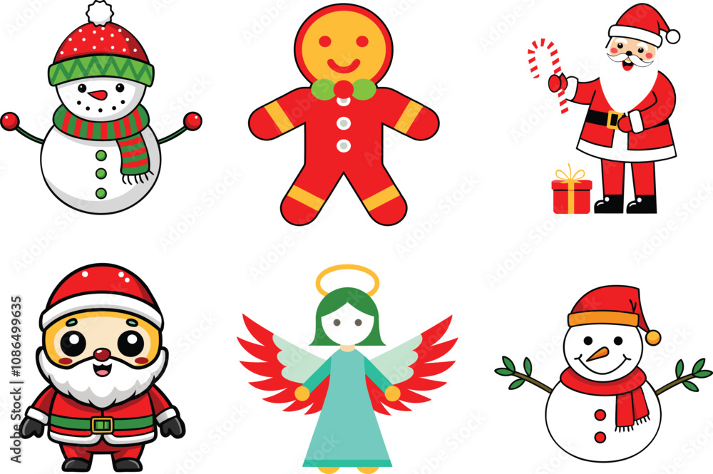 Adorable collection of Christmas characters, including snowman, Santa Claus, Blue Angel, and gingerbread vector illustration. Adorable collection of Christmas characters, including snowman, Santa Claus, Blue Angel, and gingerbread vector illustration.