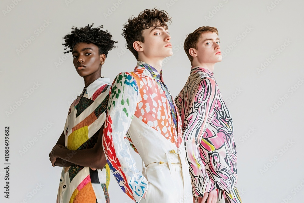 Non-binary fashion on a white background highlights inclusive clothing designs with gender-fluid silhouettes, distinctive patterns, and varied textiles. Non-binary fashion on a white background highlights inclusive clothing designs with gender-fluid silhouettes, distinctive patterns, and varied textiles.
