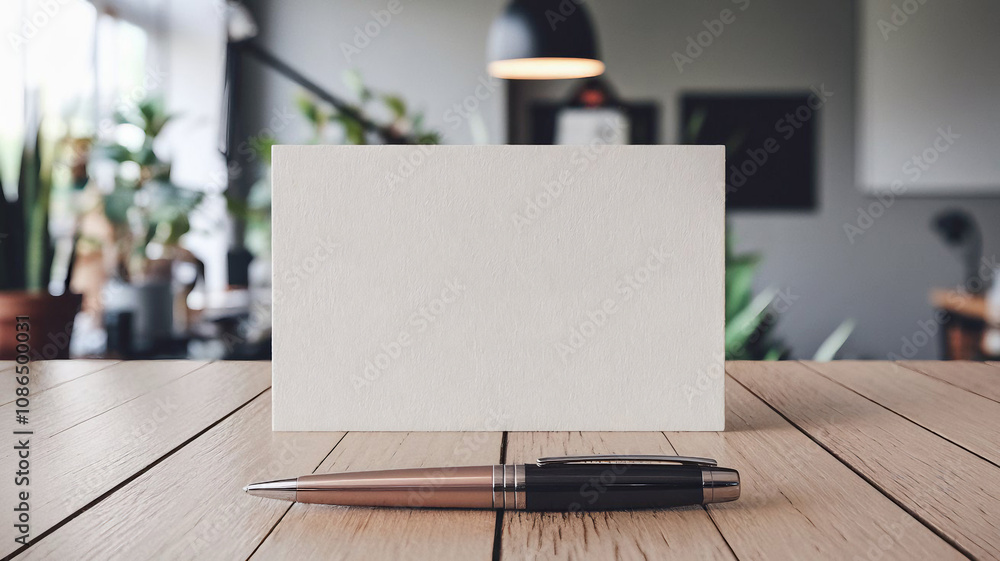 Blank White Business Card Mockup with Pen on Wooden Table in Cafe Blank White Business Card Mockup with Pen on Wooden Table in Cafe