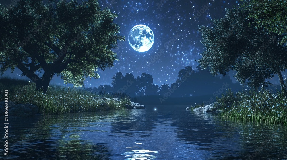 Naklejka premium serene river reflecting starry night sky and full moon